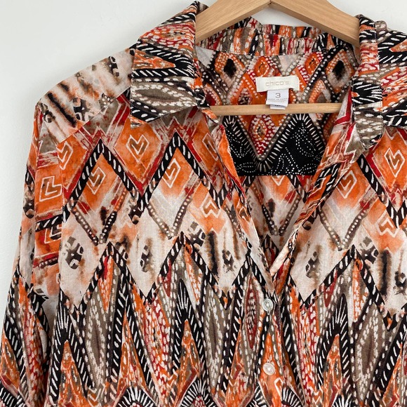 Chico's Cotton Button Front Shirt Orange Batik Print Size 3 or Women's XL 16 - Picture 3 of 5